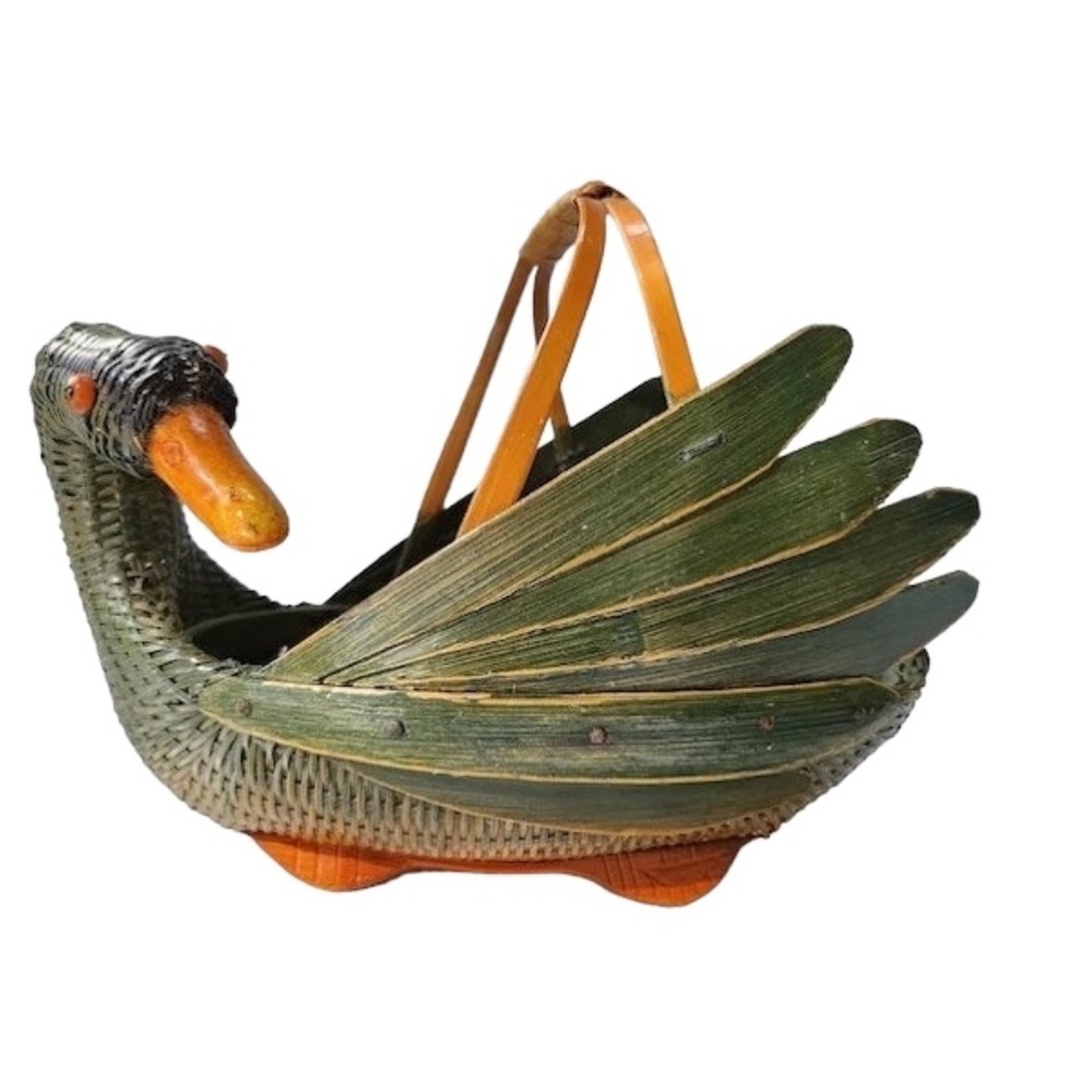 Set of 2 Vintage Large And Small Zhejiang Wicker Rattan Duck‎ Mallard Goose